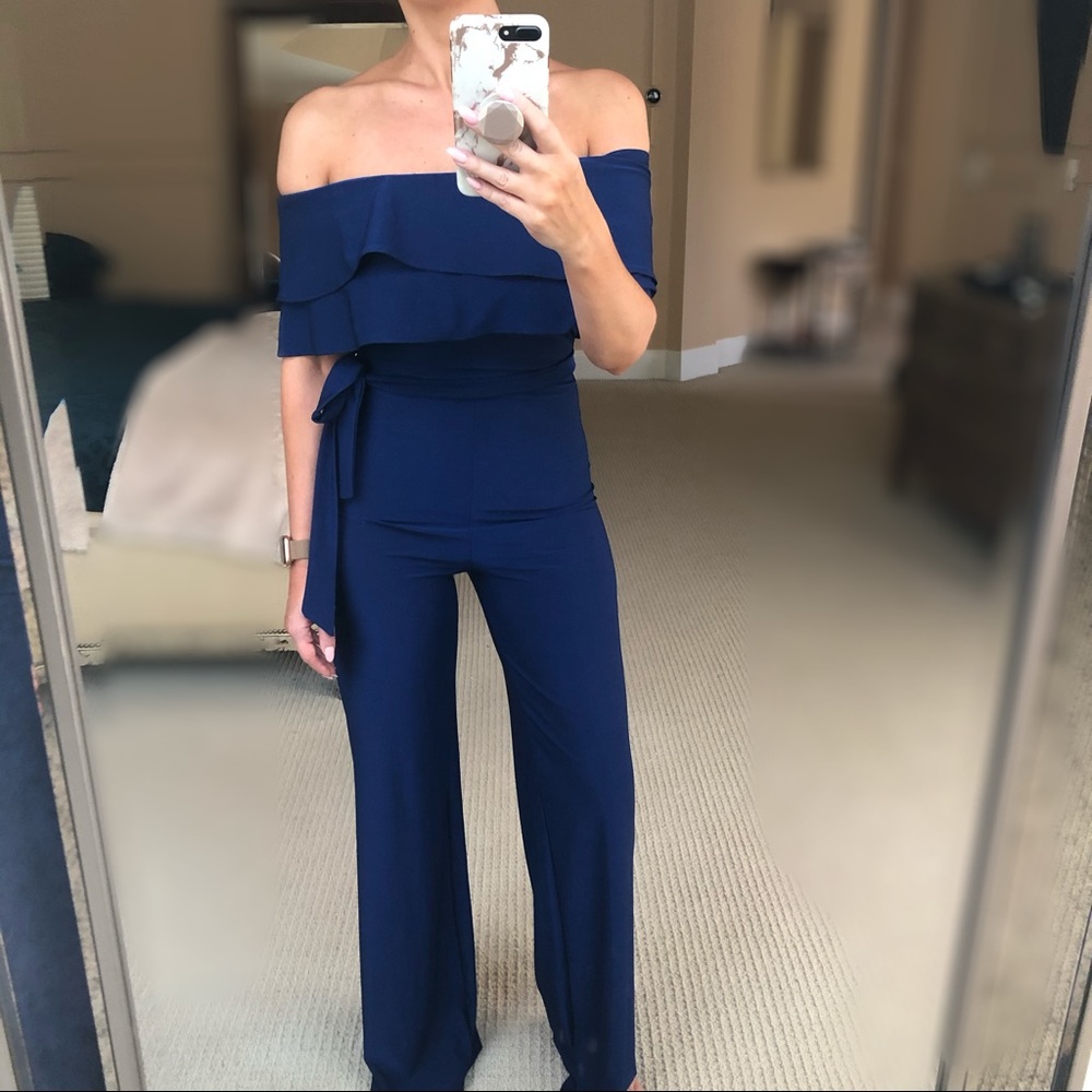 Emerald blue off the shoulder jumpsuit